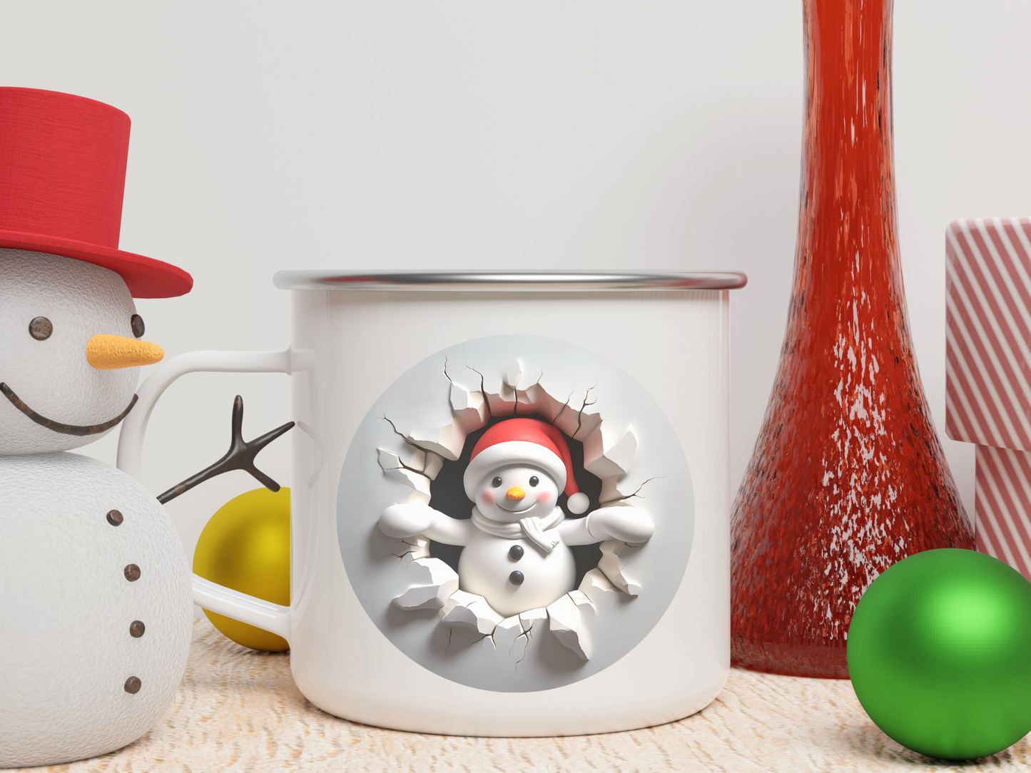 Kids Christmas Enamel Mug, Santa Claus, Snowman, Penguin, Deer, Gingerbread Man, Hot Chocolate Cup